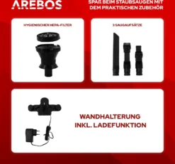 AREBOS Akku Staubsauger, 2-in-1 Hand- Und Bodenstaubsauger, 2 Leistungsstarke Saugmodi, Beutellos, Kabellos Bis Zu 55 Minuten, Mit Wandladestation, Schwarz -Staubsauger Förderung 02bfffecd75f04907a04e45ba97a924d