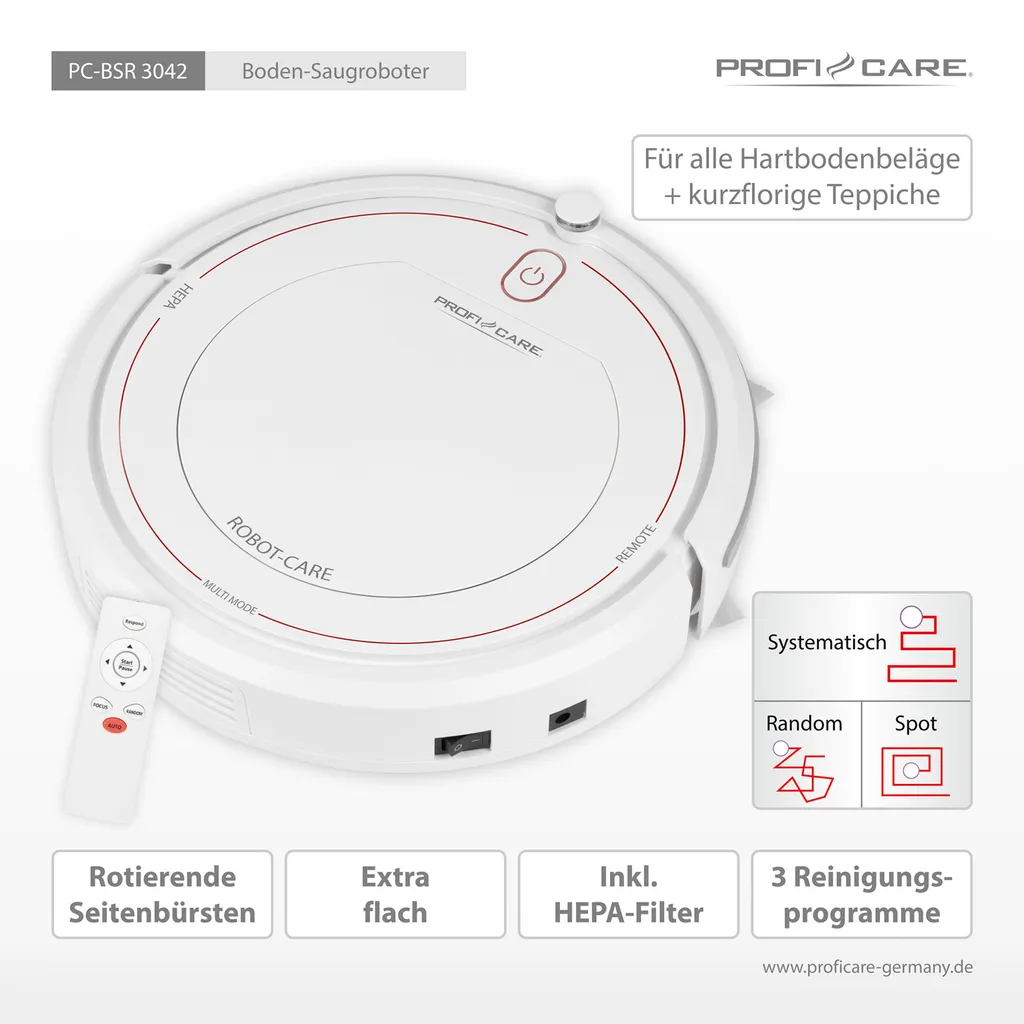 ProfiCare ® Saugroboter Reinigt Selbstständig Alle Räume, Staubsauger Roboter Mit Fernbedienung, Vacuum Cleaner, HEPA-Filter Und 3 Reinigungsprogrammen, Mit Treppenerkennung - PC-BSR 3042 4 ProfiCare ® Saugroboter Reinigt Selbstständig Alle Räume, Staubsauger Roboter Mit Fernbedienung, Vacuum Cleaner, HEPA-Filter Und 3 Reinigungsprogrammen, Mit Treppenerkennung - PC-BSR 3042 – Bild 4