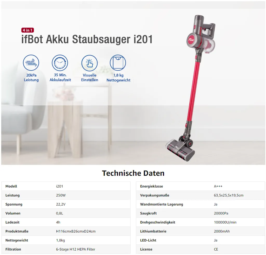 IFBOT 4 In 1 Akku Staubsauger I201 Kabellos Handstaubsauger, Bürstenlos Motor Mit HEPA Filter, 20KPa, 250W, Beutellos, 0,8L, 35min, Touchscreen, LED Elektrobürste, 1,8kg Leicht, 3 Reinigungssprogramme Perfekt Für Hartboden Teppich 7 IFBOT 4 In 1 Akku Staubsauger I201 Kabellos Handstaubsauger, Bürstenlos Motor Mit HEPA Filter, 20KPa, 250W, Beutellos, 0,8L, 35min, Touchscreen, LED Elektrobürste, 1,8kg Leicht, 3 Reinigungssprogramme Perfekt Für Hartboden Teppich – Bild 7