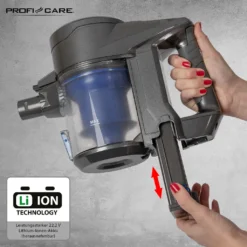 ProfiCare 2in1 Hand-und Bodenstaubsauger PC-BA 3036 A, Leistungsstarker 22,2 V Lithium Ionen Akku, HEPA-Filter, Spezialbürste Für Polster U. Textilien, Inkl. Wandhalterung, Anthrazit-blau -Staubsauger Förderung 1627db83796bc54ee61e9591b67847aa