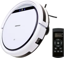 MEDION Saugroboter Mit Ladestation E32 (Modell 2021, Roboterstaubsauger Für Hartböden, Fliesen, Laminat, Tierhaar Optimiert, Direktabsaugung, Autom. Rückkehr Zur Ladestation)