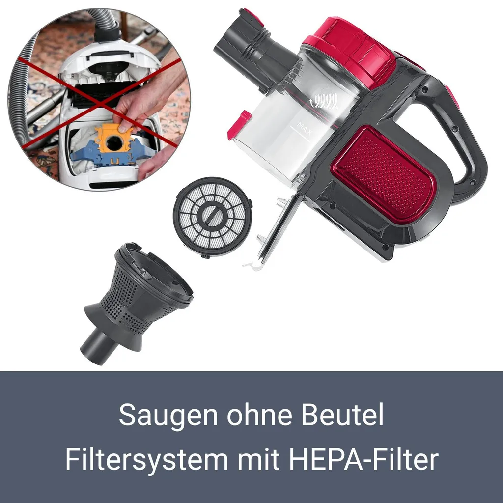 Juskys 2in1 Handstaubsauger & Akku Staubsauger - Beutellos & Kabellos – Bis 55 Min Laufzeit - Lithium-Ionen Akku, Wandhalterung & Ladestation – Rot 8 Juskys 2in1 Handstaubsauger & Akku Staubsauger - Beutellos & Kabellos – Bis 55 Min Laufzeit - Lithium-Ionen Akku, Wandhalterung & Ladestation – Rot – Bild 8