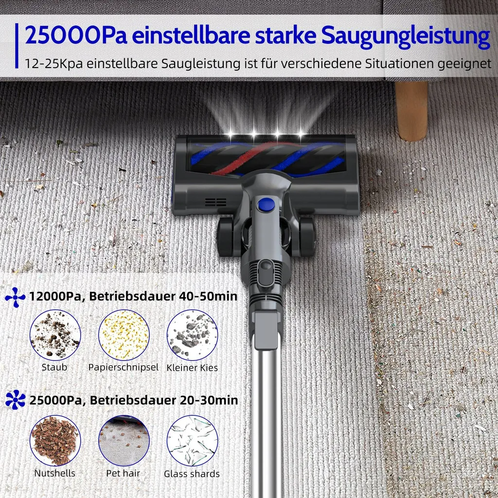 Akku Staubsauger, Kabellos, Beutellos, Akkusauger, Handstaubsauger Akku, Stabstaubsauger, Stielstaubsauger, Staubsauger Tierhaare, Teppich, Parkett, 25,000 Pa 5-in-1, Bis Zu 50 Min Laufzeit Mit LED Elektrobürste, Teleskoprohr, Wandhalterung 5 Akku Staubsauger, Kabellos, Beutellos, Akkusauger, Handstaubsauger Akku, Stabstaubsauger, Stielstaubsauger, Staubsauger Tierhaare, Teppich, Parkett, 25,000 Pa 5-in-1, Bis Zu 50 Min Laufzeit Mit LED Elektrobürste, Teleskoprohr, Wandhalterung – Bild 5