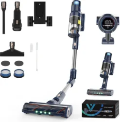 VICSONIC S7 Akku Staubsauger, 30000PA/480W Starke Saugleistung Staubsauger Kabellos Bis Zu 65 Min Laufzeit, 7-in-1 Staubsauger Beutellos, Smartes Touch Display, 180 ° Faltbar, 4 Leistungstufe, Blau