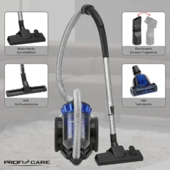 ProfiCare Bodenstaubsauger PC-BS 3040, Eco-Cyclon Twin-Spin Bodenstaubsauger, Beutellose Filtertechnik, 4-Fach Mikrofiltersystem, HEPA-Filter, Edelstahl-Teleskoprohr (höhenverstellbar), Extra Großer Aktionsradius (8,3 M), 700 Watt, Blau-schwarz -Staubsauger Förderung 602c009c56bd7487fda872688065591f