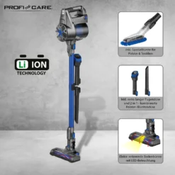 ProfiCare 2in1 Hand-und Bodenstaubsauger PC-BA 3036 A, Leistungsstarker 22,2 V Lithium Ionen Akku, HEPA-Filter, Spezialbürste Für Polster U. Textilien, Inkl. Wandhalterung, Anthrazit-blau -Staubsauger Förderung 65644b3a0f9c4388827fd59944a92c17