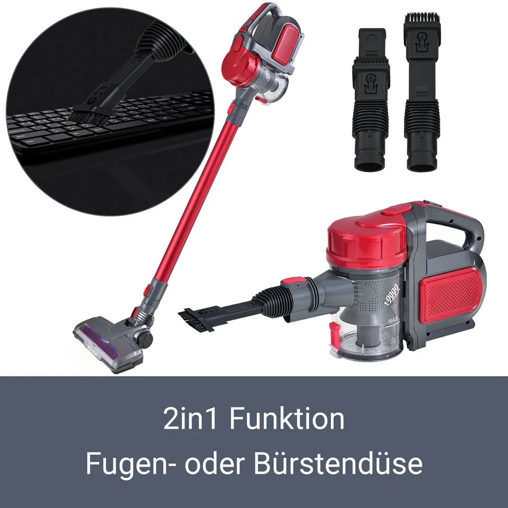 Juskys 2in1 Handstaubsauger & Akku Staubsauger - Beutellos & Kabellos – Bis 55 Min Laufzeit - Lithium-Ionen Akku, Wandhalterung & Ladestation – Rot 4 Juskys 2in1 Handstaubsauger & Akku Staubsauger - Beutellos & Kabellos – Bis 55 Min Laufzeit - Lithium-Ionen Akku, Wandhalterung & Ladestation – Rot – Bild 4