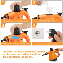 COSTWAY Dampfreiniger Inkl. 9 Zubehör, Handdampfreiniger, Dampfreinigen Handgerät 3 Bar / 250ml / 1050W / 4min Aufheizzeit/für Teppiche, Vorhänge, Autositze, Küche (Orange) -Staubsauger Förderung ab6b72575a02a7bb3d09a5f17951ac61