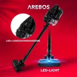 AREBOS Akku Staubsauger, 2-in-1 Hand- Und Bodenstaubsauger, 2 Leistungsstarke Saugmodi, Beutellos, Kabellos Bis Zu 55 Minuten, Mit Wandladestation, Schwarz -Staubsauger Förderung bfe654cce19443c0951228853f14bd2f