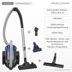 ProfiCare Bodenstaubsauger PC-BS 3040, Eco-Cyclon Twin-Spin Bodenstaubsauger, Beutellose Filtertechnik, 4-Fach Mikrofiltersystem, HEPA-Filter, Edelstahl-Teleskoprohr (höhenverstellbar), Extra Großer Aktionsradius (8,3 M), 700 Watt, Blau-schwarz -Staubsauger Förderung c8e493a469ea25c2d0e61ba2ce34908f