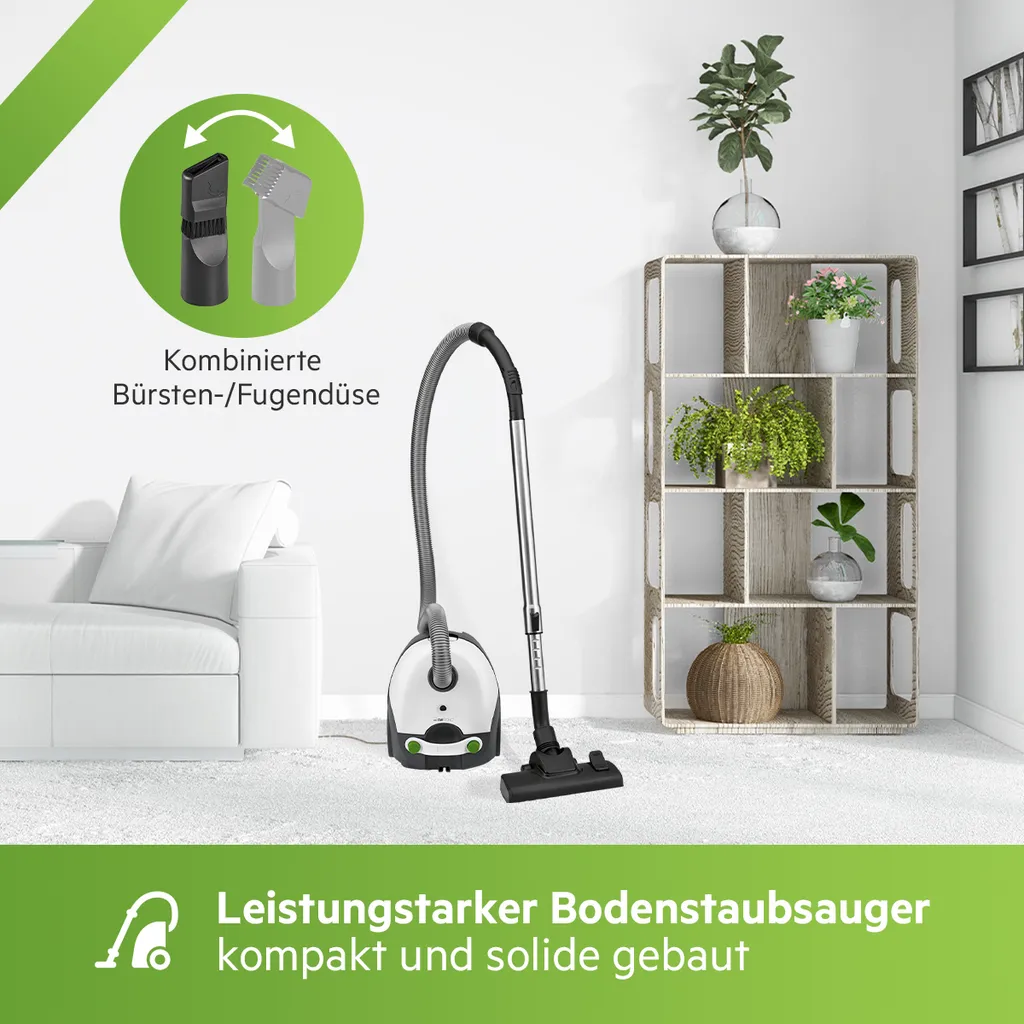 Clatronic Bodenstaubsauger Mit Beutel, Starke Leistung Gegen Staub, Tierhaare, Krümel U.a., Für Teppich- Und Hartböden, 5-Fach Mikrofiltersystem, Edelstahl-Teleskoprohr, Weiß, BS 1300 2 Clatronic Bodenstaubsauger Mit Beutel, Starke Leistung Gegen Staub, Tierhaare, Krümel U.a., Für Teppich- Und Hartböden, 5-Fach Mikrofiltersystem, Edelstahl-Teleskoprohr, Weiß, BS 1300 – Bild 2